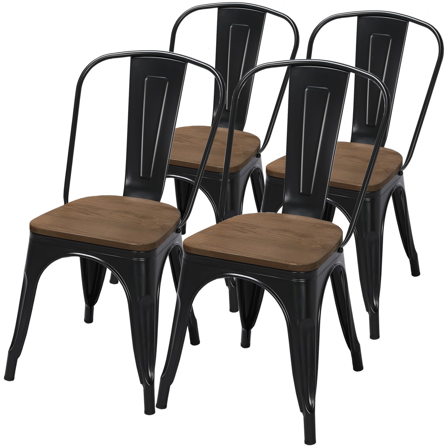 Metal Dining Chairs 4Pcs, Industrial Stackable Kitchen Chairs with Wood Top Seat
