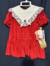 Vintage 90s Red Velvet Baby Dress Lace Trim USA 18M Dead Stock NWT NOS Baby Doll