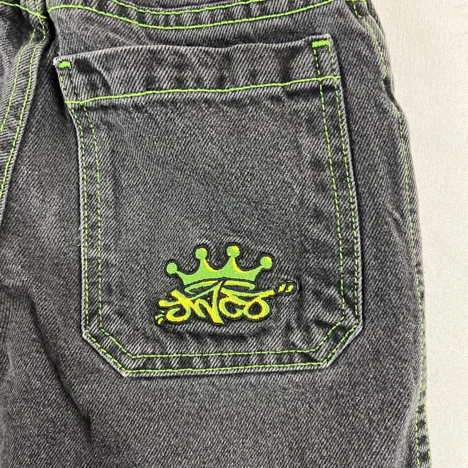 Pantalones Cortos Sueltos Desteñidos Negros Y2K JNCO De Colección Años 90 Corona Verde Juvenil Talla 7 Foto 3 de 4