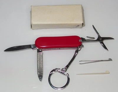 58mm Taschenmesser Schere Feile Pinzette Zahnstocher Messer + Schachtel Vintage - Bild 1 von 4