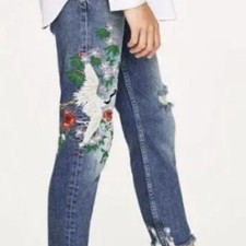 ZARA Denim Collection Embroidered Bird Floral Distressed Women's Jeans