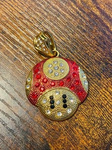 Authentic Iced 14K Gold Plated Red Mushroom Pendant Rhinestone Video Game Jewelry
