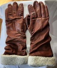 Coach Warm Brown Italian Leather Shearling Cuff Gloves Cashmere Lined Size 7