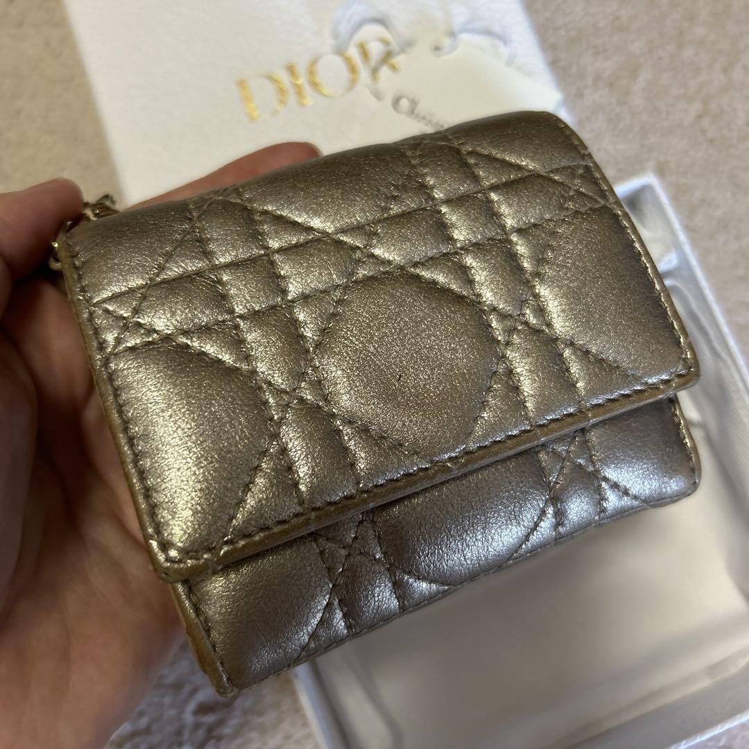 Dior Gold Quilted Lotus Trifold Wallet with Leather Accents