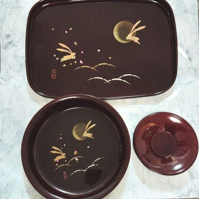 Teacup saucer Chataku Moon and Rabbit Design Tray and Sweets Bowl Set Used