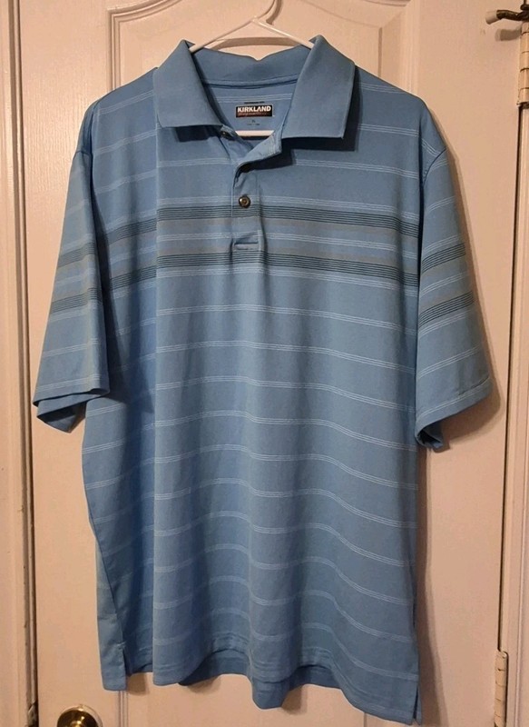 KIRKLAND PERFORMANCE MEN'S LIGHT BLUE & WHITE STRIPED POLO SHIRT Size X-LARGE XL