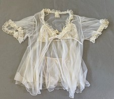 Mayela Vintage Sheer Nylon Babydoll Robe Set Ivory Lace Ruffle Boudoir Lingerie
