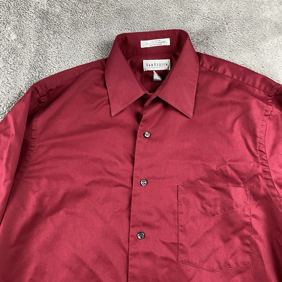 Van Heusen Lux Sateen Dress Shirt Mens 15.5 32/33 Red Button Down Wrinkle Free - Image 3 of 4