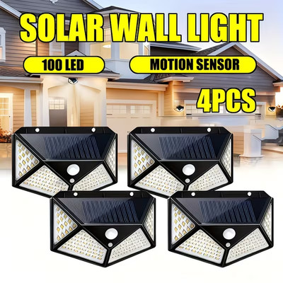 4x 100 LED Solar Power Wall Light Outdoor With Motion Sensor Security Garden Lam