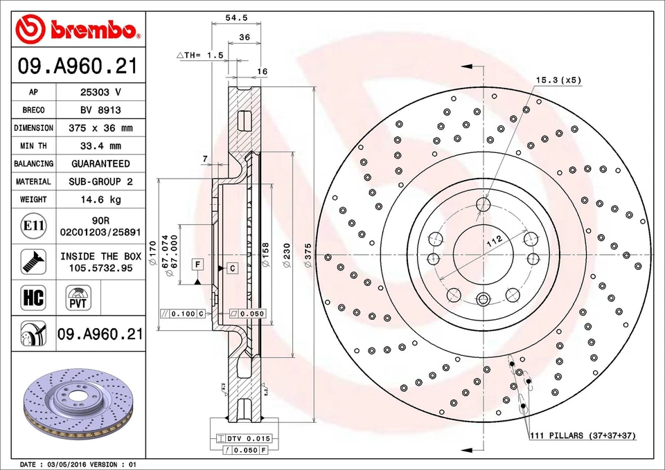 Brembo 09.A960.21 375mm Front Disc Brake Rotor for 17-19 Mercedes-Benz GLS550 - Изображение 3 из 4