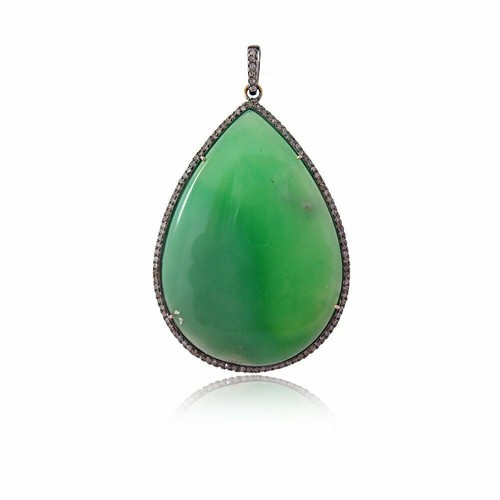 Pendentif Chaîne En Argent 925 Avec Chrysoprase Naturelle Et Diamants Pavés 16.22 Carats