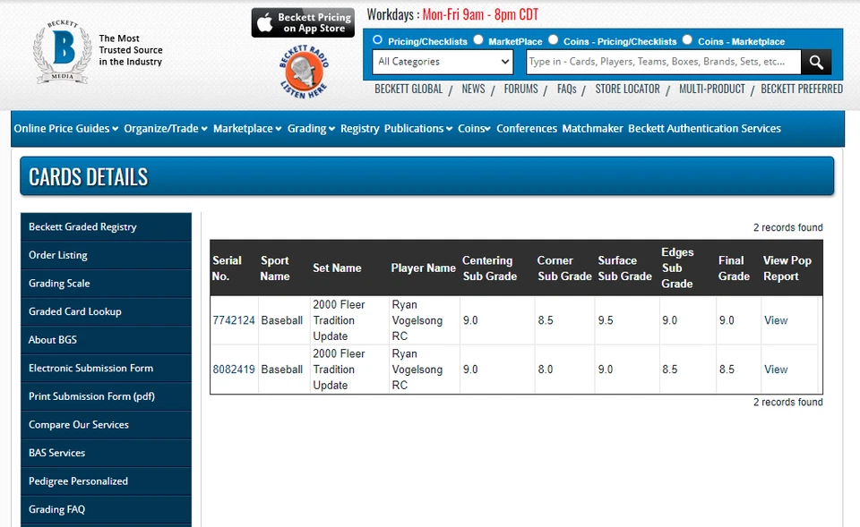 POP 1: Ryan Vogelsong RC BGS 9: 2000 Fleer Tradition Update Rookie Gisto #U140 - Image 3 of 4