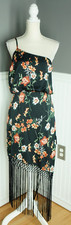 NWT Lulus One Shoulder Asymmetrical Dress Black Floral Midi Fringed Sz Large NEW
