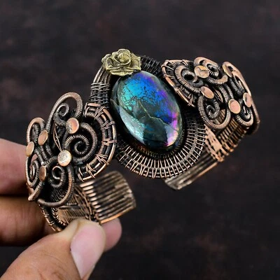 Gift For Her Mystic Fire Labradorite Wire Wrapped Flower Adjustable Cuff Copper - Image 1 of 4