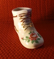 Vintage Collectible Ceramic Baby Shoe Booty Beige Floral Ribbon Shoe Lace