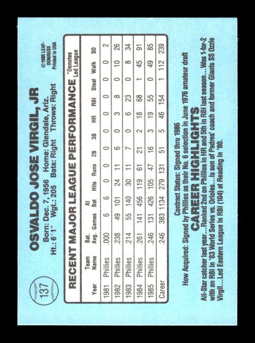 1986 Donruss #137 Ozzie Virgil Philadelphia Phillies - Picture 2 of 2