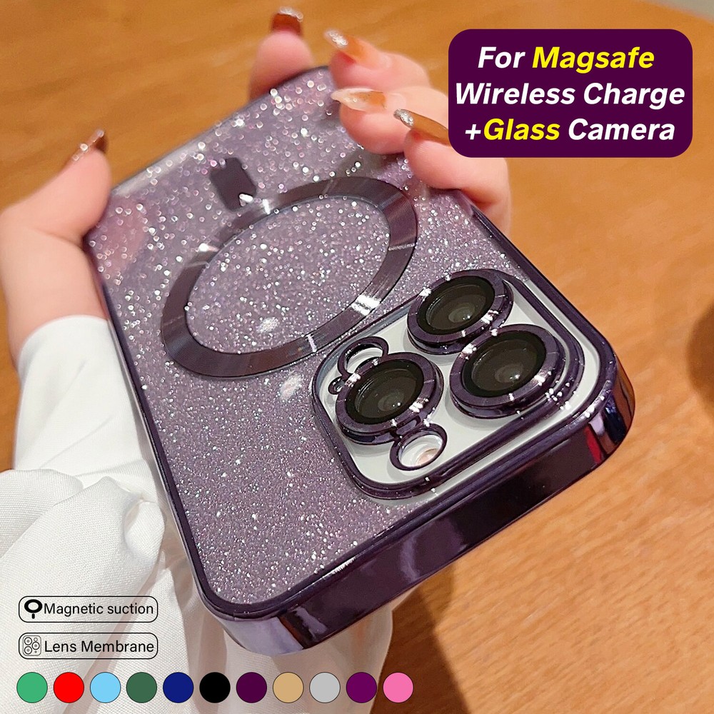 For iPhone 15 14 13 Pro Max 12 11 Glitter Mag Safe Magnetic Plating Case Cover