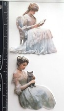 Lot of 2 Victorian Women Kitten Reading Flowers SINGLE LAYER Embellishments 290