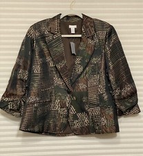 NWT Chico  s 1 Sz M Brown Green Jungle Jacquard Jaymee Jacket Lined 3/4 Sl NWT