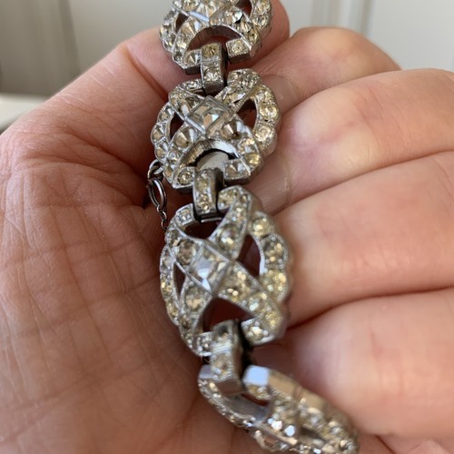 Bracciale Antico Vintage Arte Piastra Rodio Pasta Cristallo Strass Metallo Bianco - Foto 19 di 24