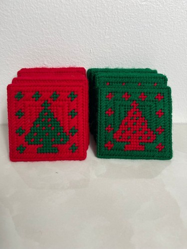 11 Pcs Handmade Christmas Tree Cross Stitched Needlepoint Coasters 4"x4" - Picture 5 of 9