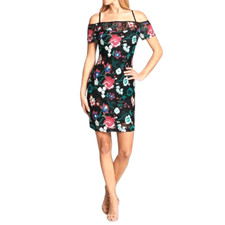 NWOT GUESS Lace Floral Off Shoulder Body con Mini 4 Black Multi