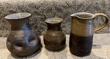 Vintage Pottery Set Of 3 Signed By R. Lewis 2 Vases, 1 Decanter