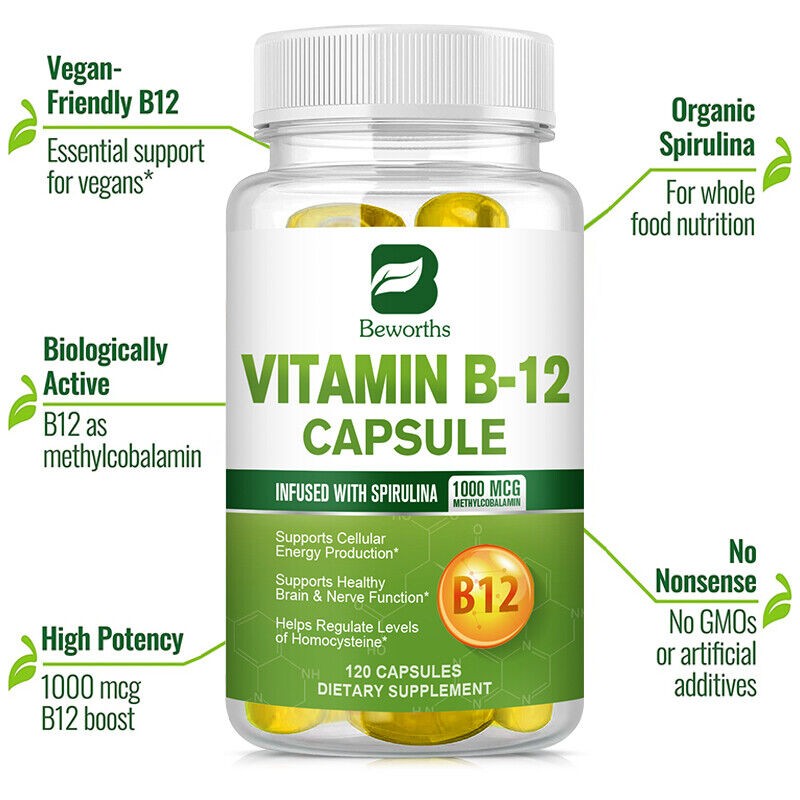 120 Capsules Beworths Vitamin B12 (Methylcobalamin) 1000mcg,Energy,Heart Health