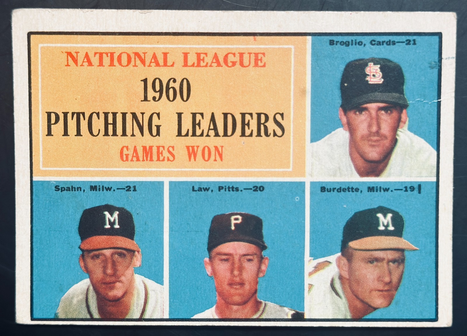 1961 Topps NL Pitching Leaders #47 *ERROR* Broglio, Spahn, Law, Burdette *VG*