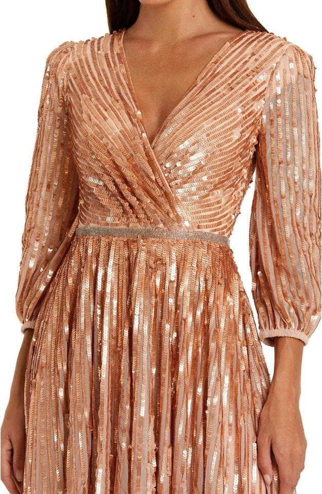 Mac Duggal Sequined V Neck Metallic Apricot 3/4 Rose Gold Gown Sz 10 A5509 Foto 2 de 4