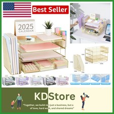 Gold 4-Tier Desk Organizer with File Holder Pen Holders and Drawer for Office...