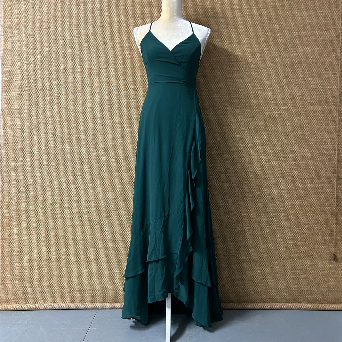 Lulus Dress Womens S Green Chiffon Maxi Ruffle Trim Sleeveless Lace-up Back