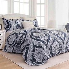 Quilt Set King Size 3Pcs Navy Blue White Floral Damask Oversized Scallop