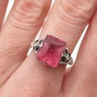 925 Sterling Silver Antique Art Deco Pink Rhinestone Floral Ring Size 6.5