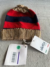Aletta Baby Beanie Knitted Wool Blend Red Gold Red Blue Striped Size 54 NWT