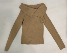 Women s S Beige Ribbed Knit Off-Shoulder Long Sleeve Pullover Sweater