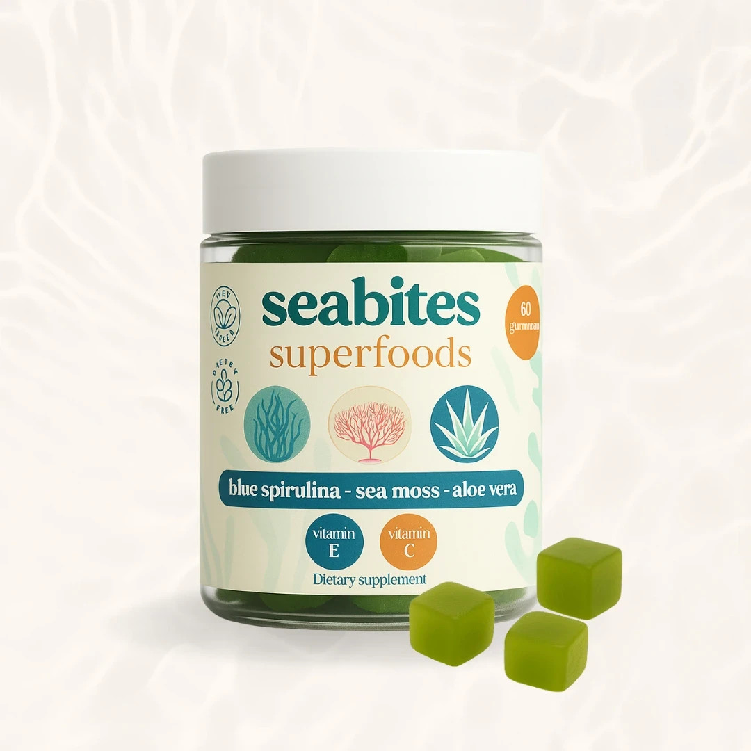 Gominolas naturales con espirulina azul, musgo marino, aleo vera, vitamina C y E