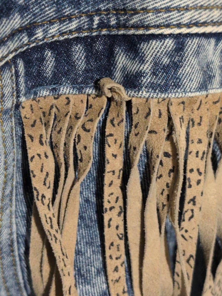 Vintage HAVOC Acid Wash Denim Jean Jacket Leather Fringe Size