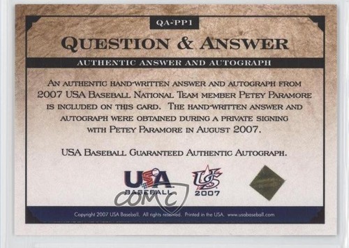 2008 USA Baseball National Teams Team Question & Answer Petey Paramore Auto - Picture 2 of 3