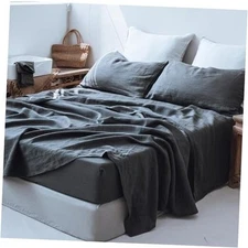  100% Linen Sheets Size Set, 4 Pcs Natural French Linen Queen Basic Dark Grey