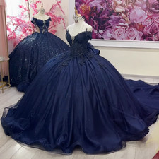 Princess Glitter Quinceanera Dresses Navy with Bow Sweet 15 16 Prom Ball Gowns