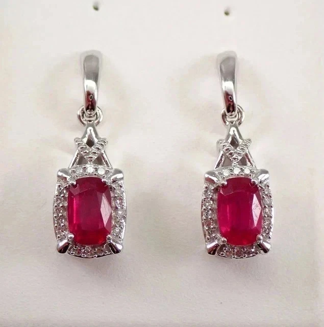 3 Ct Cushion Cut Lab-Created Red Ruby Dangle Drop Earrings 14K White Gold Plated - Image 3 of 4