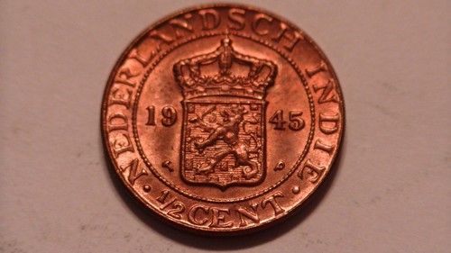 1945 HIGH P DUTCH NIEDERLANDE OSTINDIEN 1/2 CENT MÜNZE WILHELMINA BANKFRISCH