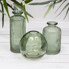 Set of 3 Vintage Green Glass Bottles Mini Small Bud Vases Ribbed Flower Holders