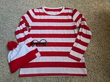 Where Is Waldo Adult M 2pc Halloween Costume Hat, L/S Shirt Men Woman