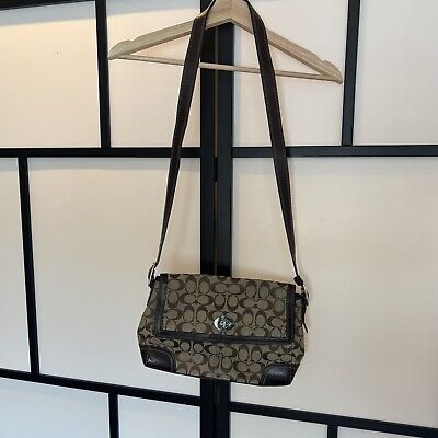 Coach Purse Hampton Brown Signature Canvas Leather Bag Flap Coach Purse Hampton Brown Signature Canvas Leather Bag Flap