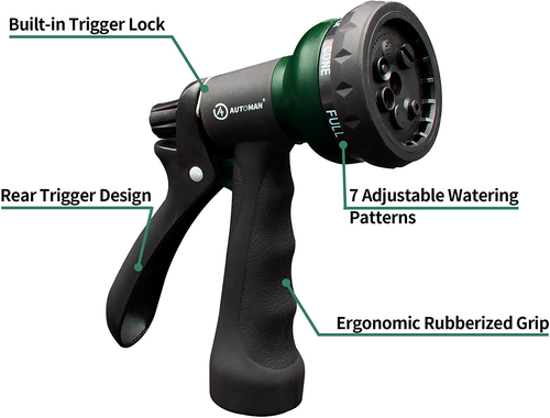 -Garden-Hose-Nozzle, ABS Water Spray Nozzle with 7 Adjustable Watering Patterns, - Picture 2 of 12