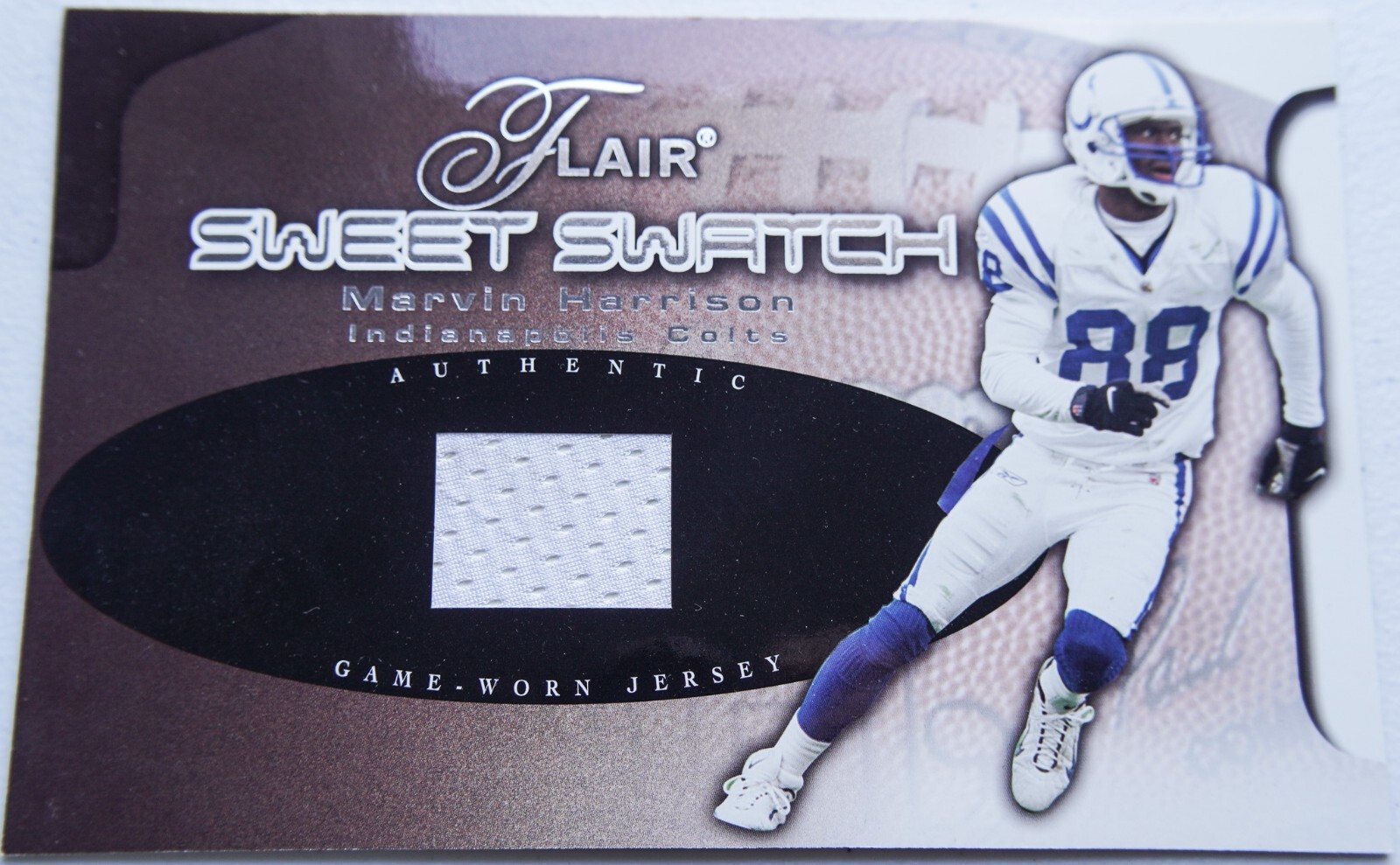 2002 FLAIR MARVIN HARRISON SWEET SWATCH GAME USED JERSEY CARD BOX TOP 5X7 view 1