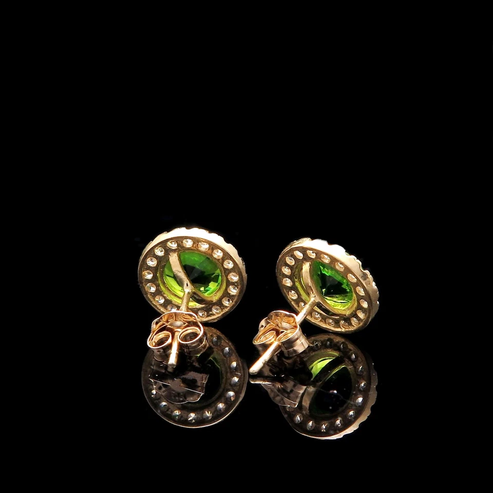 1CT Halo Green Peridot Simulated Diamond Stud Earrings 14k Yellow Gold Round Cut - Image 2 of 4