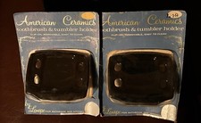 2 NEW Vtg BLACK Porcelain Ceramic TOOTHBRUSH /TUMBLER Wall Mount MCM Clip On NOS